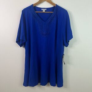 Catherines NWT Blue Short Sleeve Embroidered V-Neck Tunic Top Women’s 2X Plus